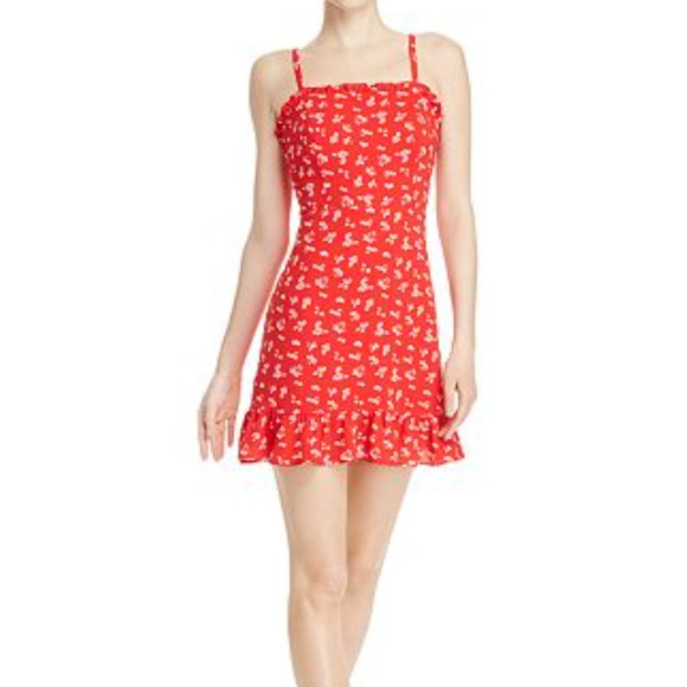 Red ruched floral mini dress !